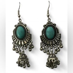 Boho Ethnic Native Silver & Turqoise Dangle Earrings Stone & Bell Drop Design